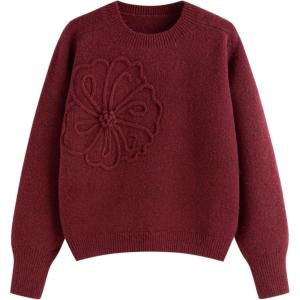 CIDER Women’s Cute Sweater Crew Neck Long Sleeve Floral Pullover Fall Winter Sweaters Loose Fit Knit Top(Wine)
