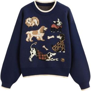 CIDER Women’s Fall Cozy Sweaters Cute Sweaters Dog Graphic Long Sleeve Crewneck Soft Knit Casual Pullover Trendy 2025(Navy Blue)