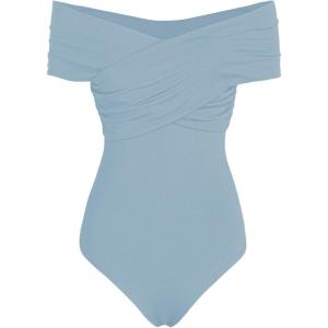 CIDER Women’s French Riviera Vacation Solid Off-shoulder Bodysuit(Blue)