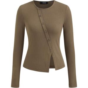 CIDER Women’s Long Sleeve Tops Button Going Out Tops Trendy Split Hem Solid Shirts Casual Fall Outfits(Brown)