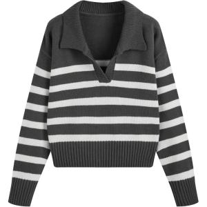 CIDER Women’s Polo Sweater Striped Collared Lightweight Long Sleeve V Neck Pullover Fall Sweater Tops 2025(Grey)