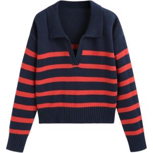 CIDER Women’s Polo Sweater Striped Collared Lightweight Long Sleeve V Neck Pullover Fall Sweater Tops 2025(Navy Blue)