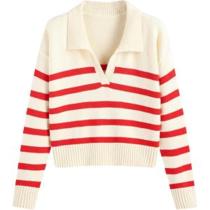 CIDER Women’s Polo Sweater Striped Collared Lightweight Long Sleeve V Neck Pullover Fall Sweater Tops 2025(Red)