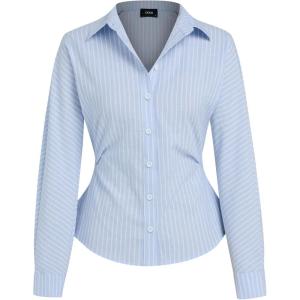 CIDER Women’s Striped Long Sleeve Shirt Business Casual Office Fashion Top(Blue)