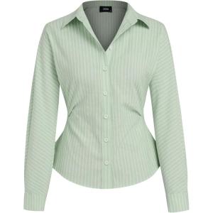 CIDER Women’s Striped Long Sleeve Shirt Business Casual Office Fashion Top(Green)