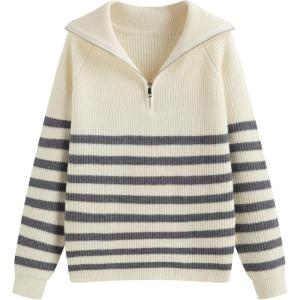 CIDER Women’s Striped Quarter Zip Pullover Sweater Mock Neck Knit Fall Fashion Casual Sweater(White)