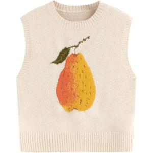 CIDER Women’s Sweater Vest Knit Sleeveless Pear Cute Graphic Sweater Vest Tank Top Fall Outfits(Beige)