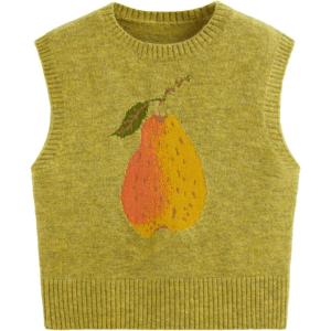CIDER Women’s Sweater Vest Knit Sleeveless Pear Cute Graphic Sweater Vest Tank Top Fall Outfits(Olive Green)