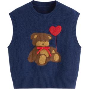 CIDER Women’s Sweater Vest Knit Sleeveless Pear Cute Graphic Sweater Vest Tank Top Fall Outfits(Solid Navy Blue)