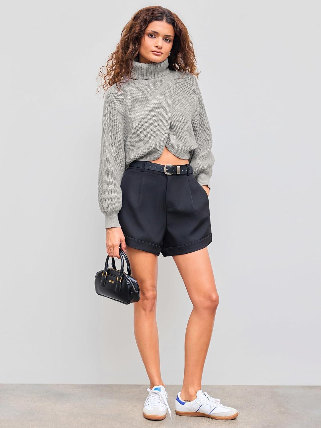 imageCIDER Cropped Sweaters for Women Turtleneck Sweater Long Sleeve Ribbed Knit Lantern Sleeve Pullover Fall Outfits Grey XL