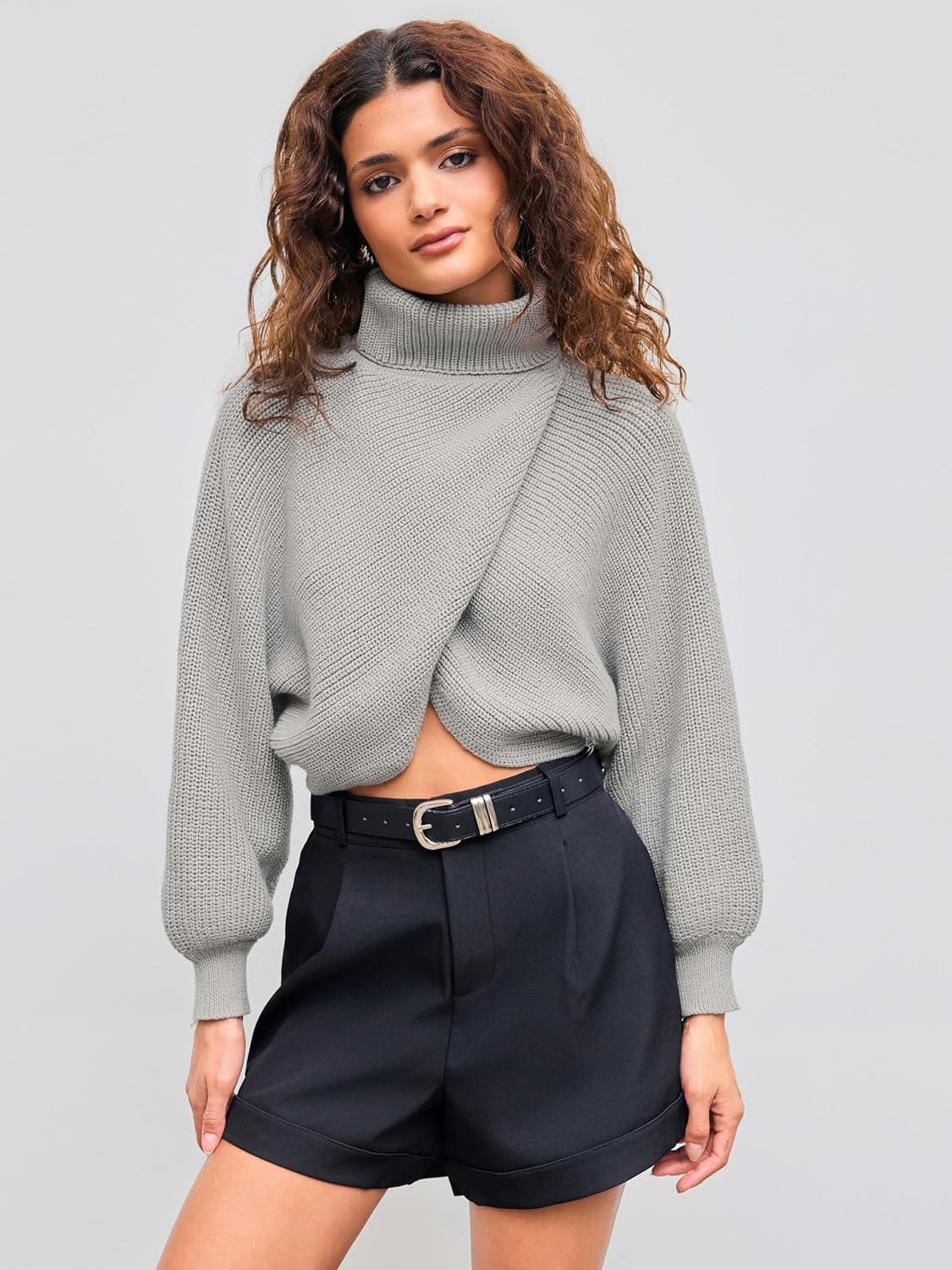 imageCIDER Cropped Sweaters for Women Turtleneck Sweater Long Sleeve Ribbed Knit Lantern Sleeve Pullover Fall Outfits Grey XL