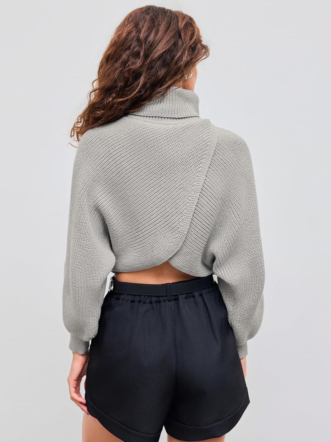 imageCIDER Cropped Sweaters for Women Turtleneck Sweater Long Sleeve Ribbed Knit Lantern Sleeve Pullover Fall Outfits Grey XL