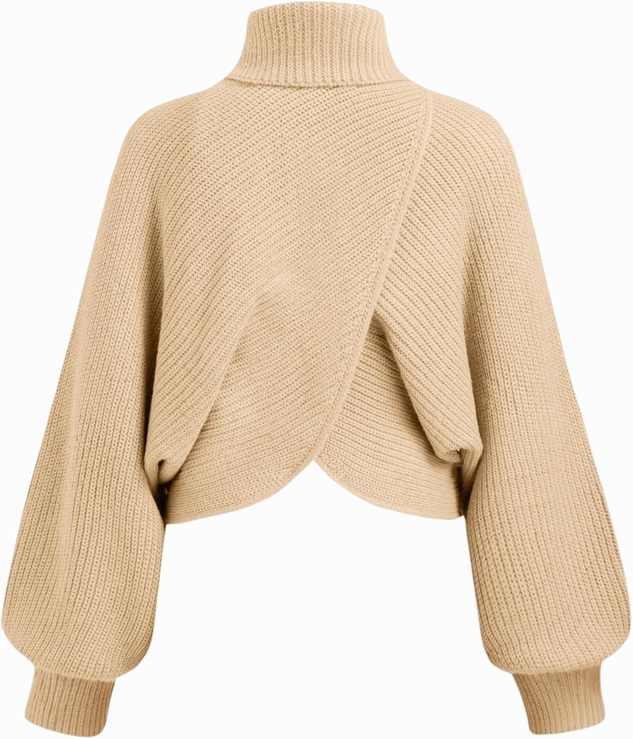 imageCIDER Cropped Sweaters for Women Turtleneck Sweater Long Sleeve Ribbed Knit Lantern Sleeve Pullover Fall OutfitsBeige