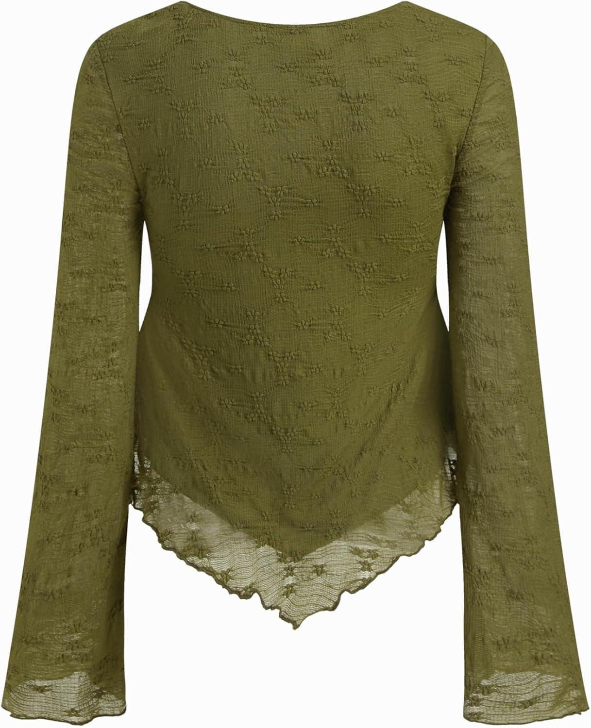 imageCIDER Cute Going Out Tops for Women Floral Flowy Tops Tie Front Mesh Long Bell Sleeve V Neck Y2K Top Trendy Fall SpringOlive Green