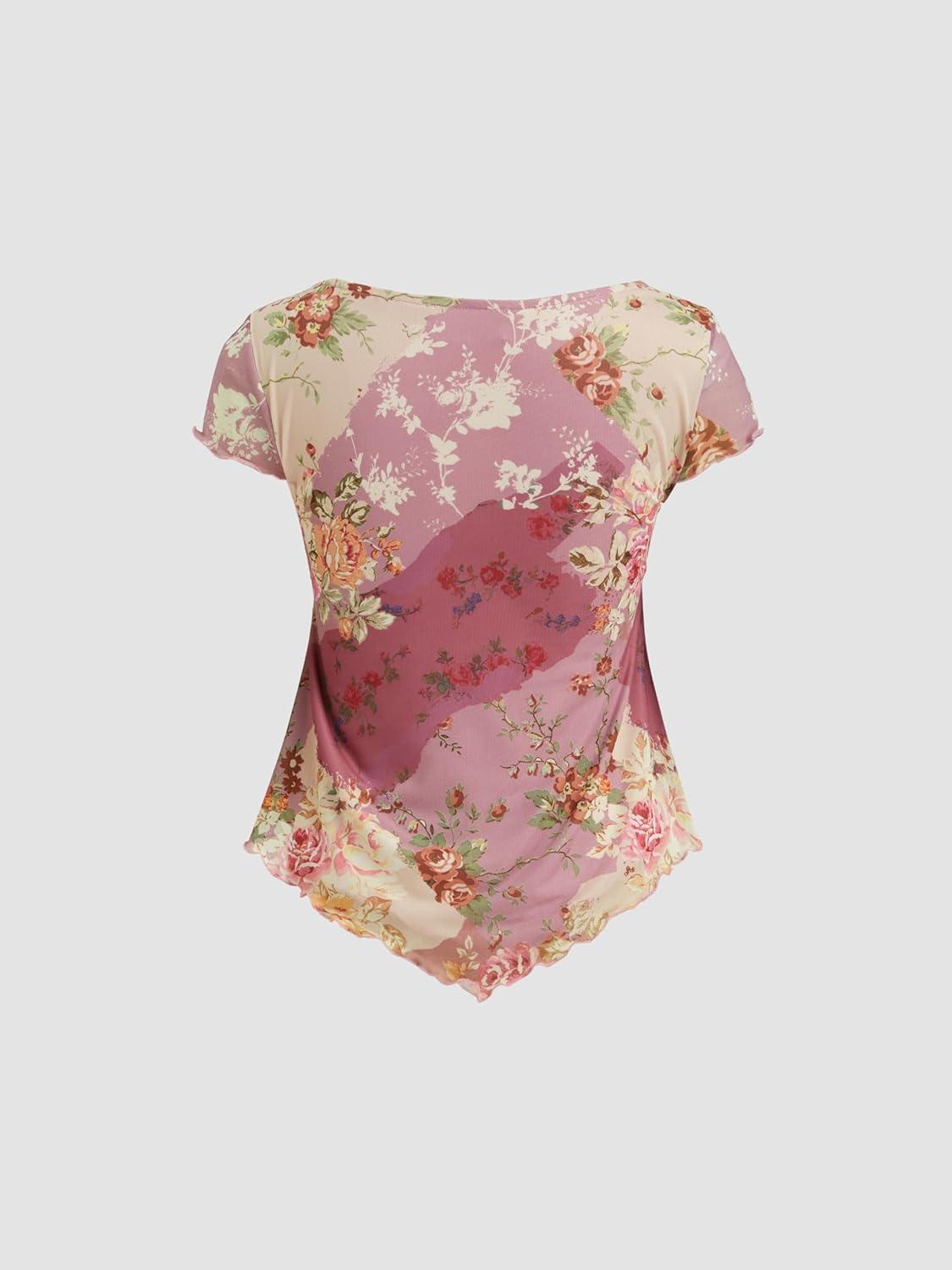 imageCIDER Floral Tops for Women V Neck Short Sleeve Tie Front Summer TopsPink