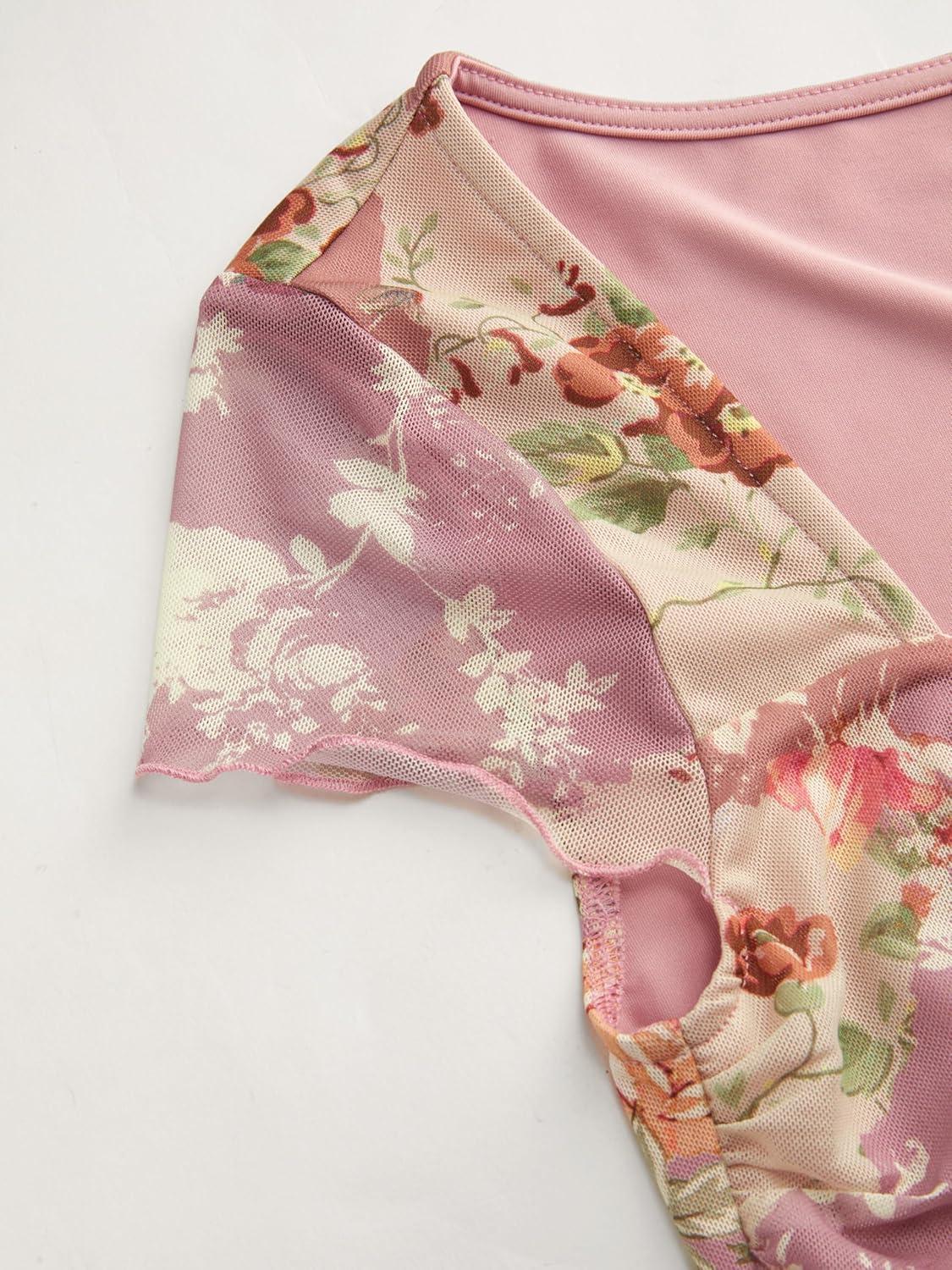 imageCIDER Floral Tops for Women V Neck Short Sleeve Tie Front Summer TopsPink