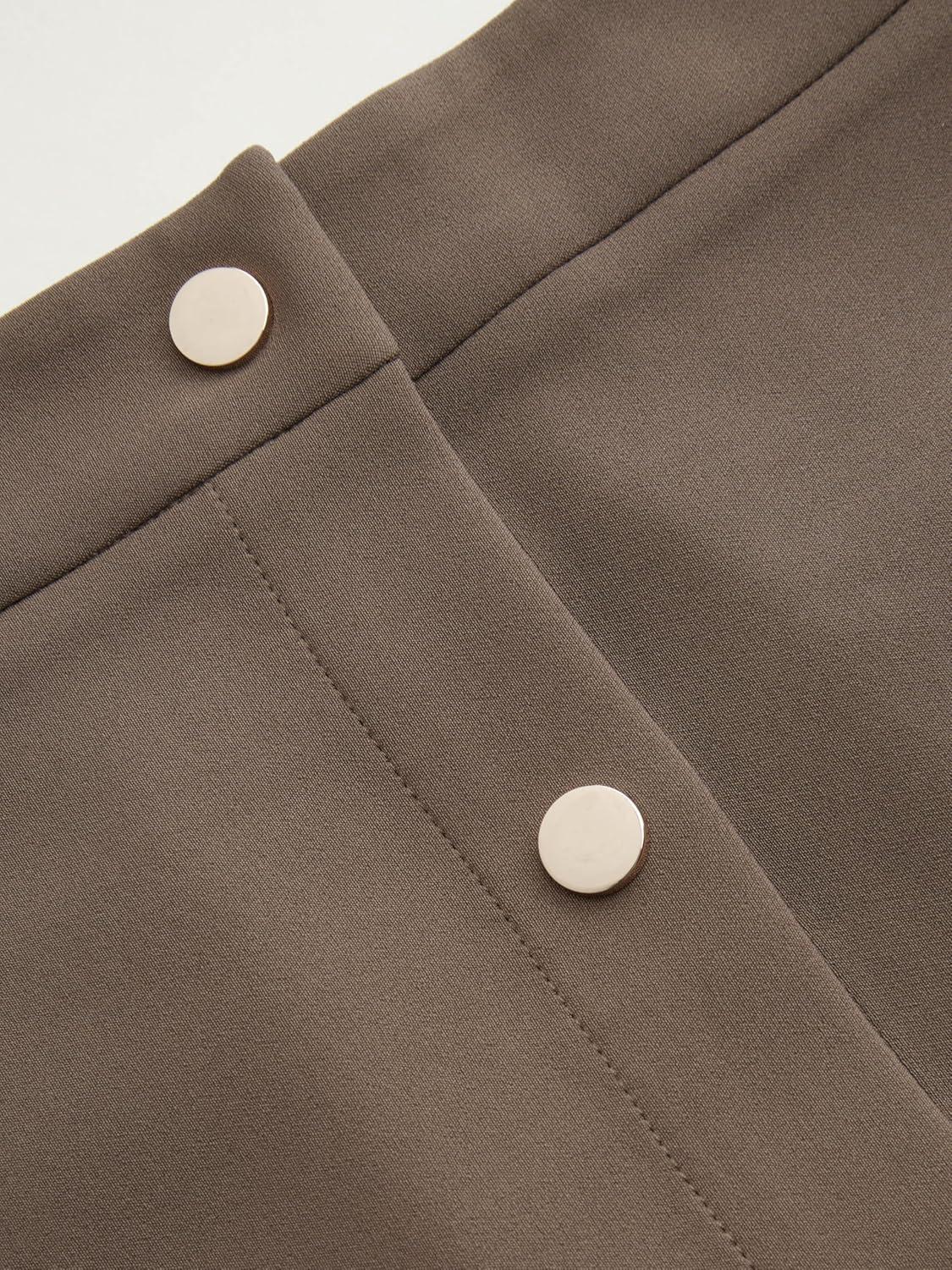 imageCIDER Knee Length Skirts for Women Button Front ALine Elastic Mid Waist Solid Casual Basic Midi Skirt Fall TrendyTan