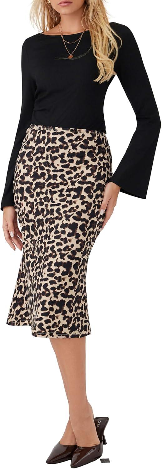 imageCIDER Leopard Print Midi Skirt Womens Trendy Casual Elastic Waist Skirt 2025 FallBrown