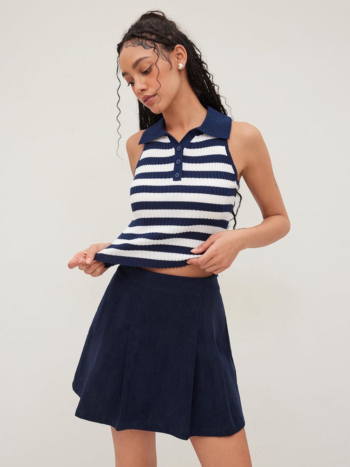 imageCIDER Mini Skirt Pleated Mid Waist Corduroy Women Short for Women Fall Mini Skirts TrendyDark Navy