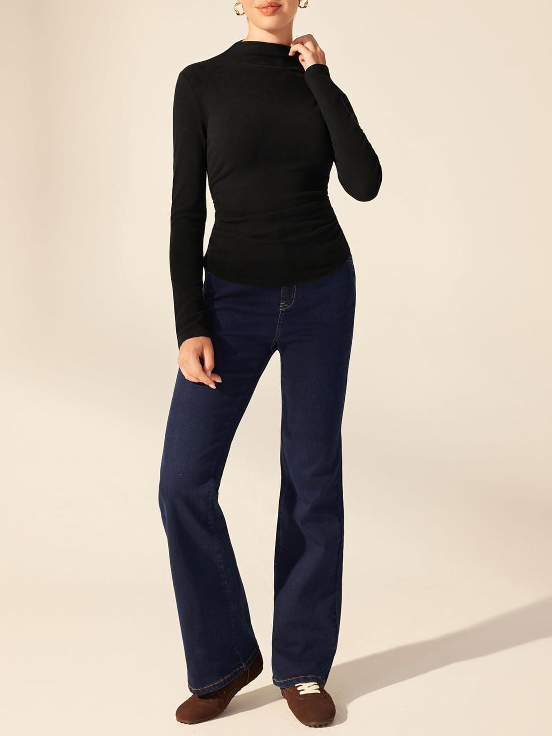 imageCIDER Mock Neck Tops for Women Thermal Shirts Long Sleeve Ruched Going Out Tops Basic Tee Slim Fit Fall TopBlack