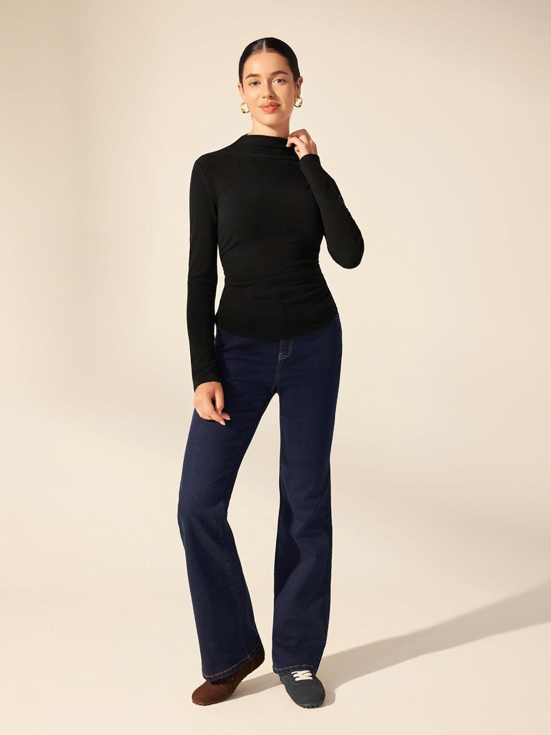 imageCIDER Mock Neck Tops for Women Thermal Shirts Long Sleeve Ruched Going Out Tops Basic Tee Slim Fit Fall TopBlack