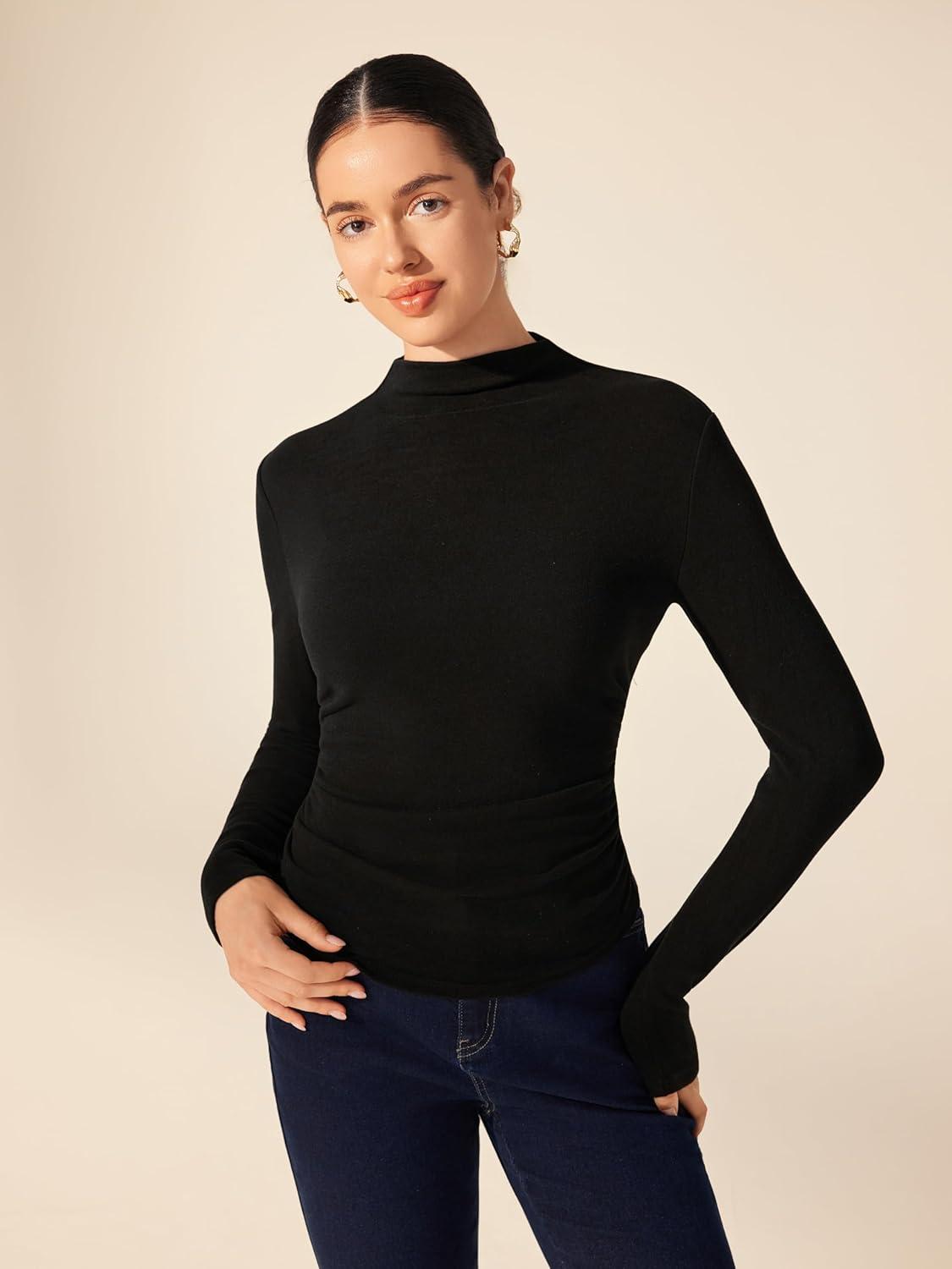 imageCIDER Mock Neck Tops for Women Thermal Shirts Long Sleeve Ruched Going Out Tops Basic Tee Slim Fit Fall TopBlack