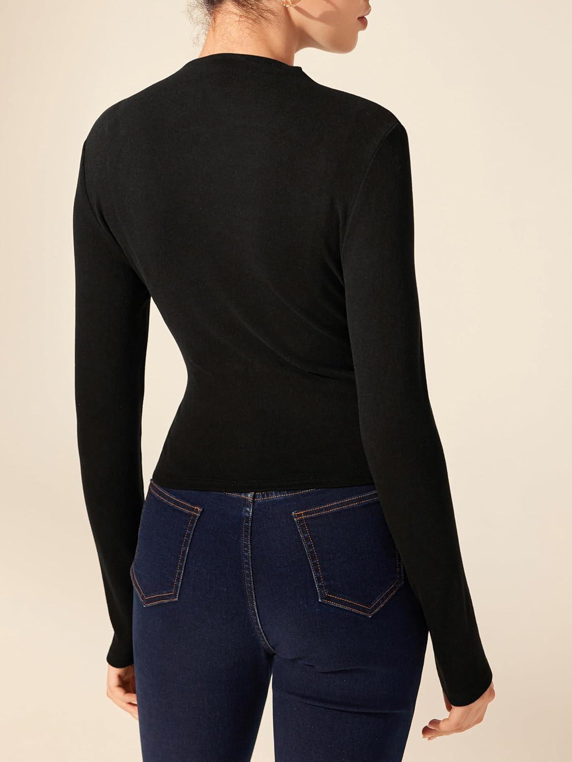 imageCIDER Mock Neck Tops for Women Thermal Shirts Long Sleeve Ruched Going Out Tops Basic Tee Slim Fit Fall TopBlack