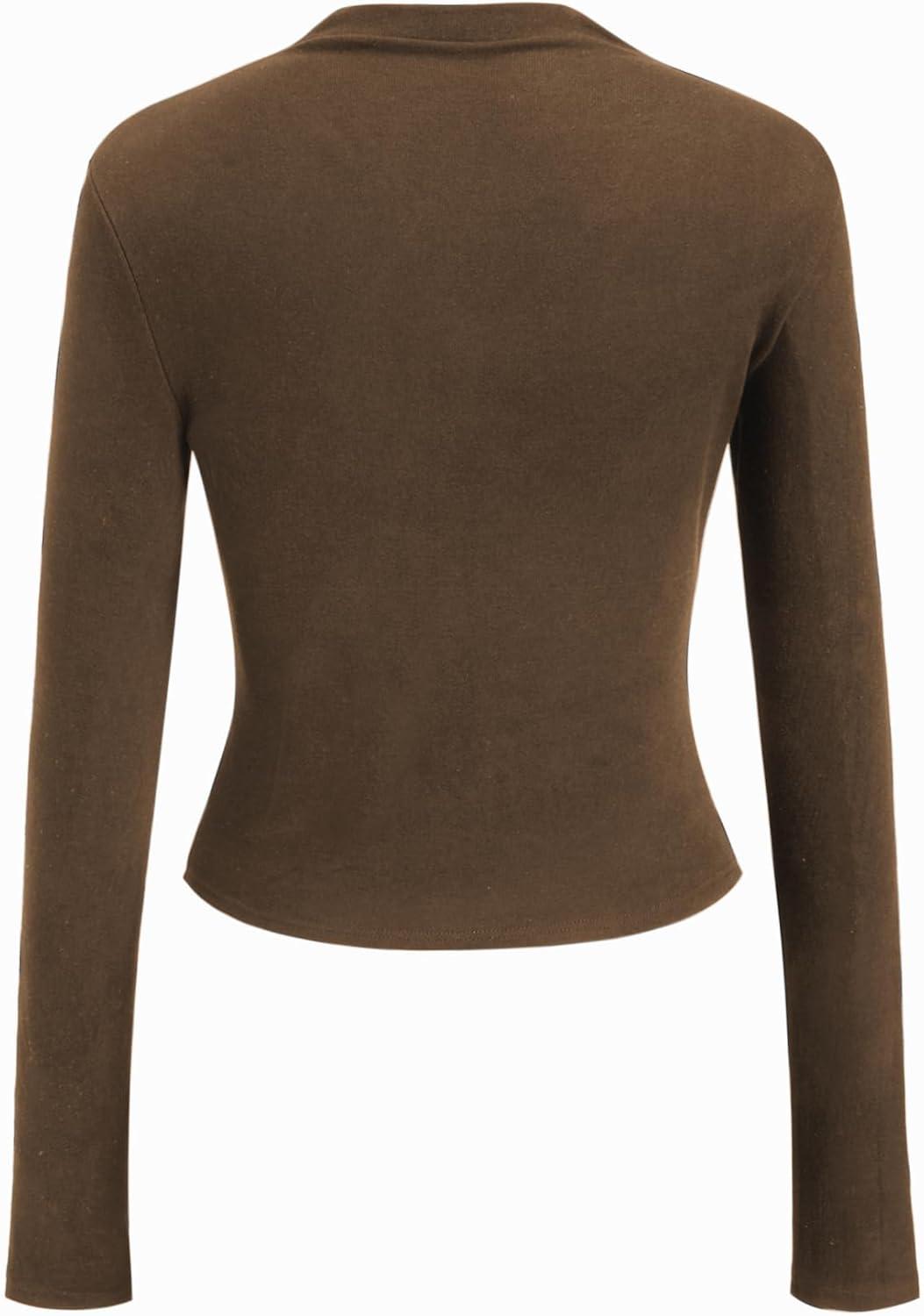imageCIDER Mock Neck Tops for Women Thermal Shirts Long Sleeve Ruched Going Out Tops Basic Tee Slim Fit Fall TopBrown