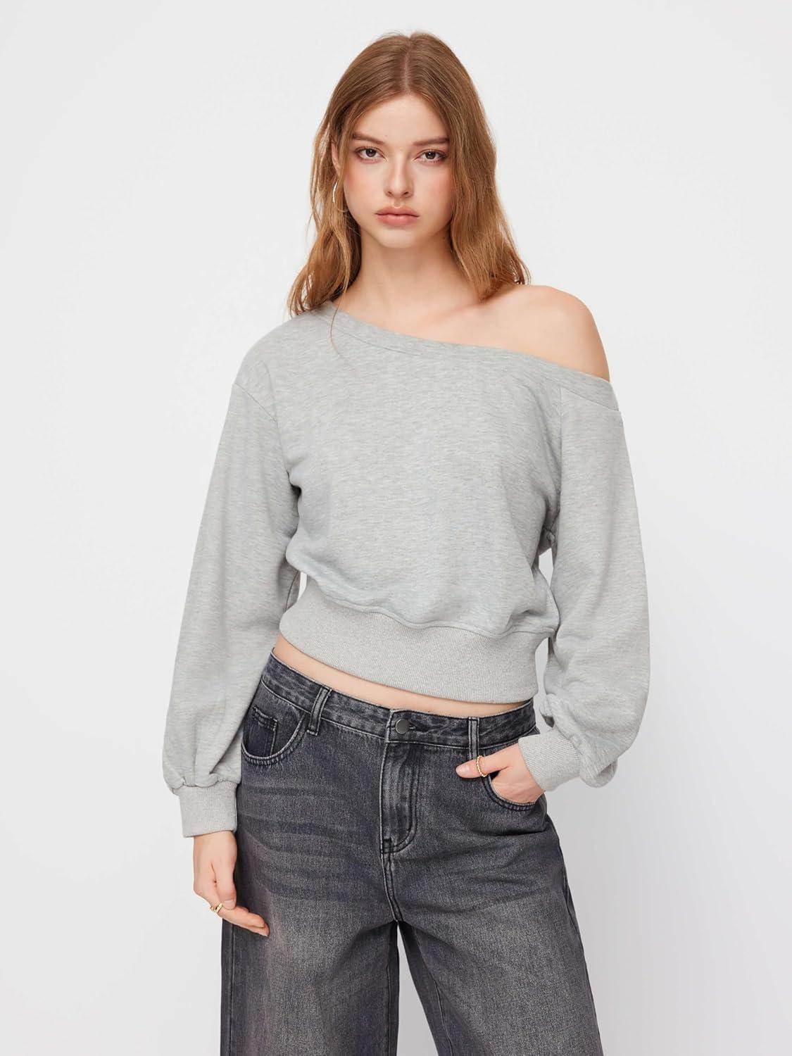 imageCIDER Off Shoulder Sweatshirt for Women Basic Casual Long Sleeve Pullover Fall FashionGrey