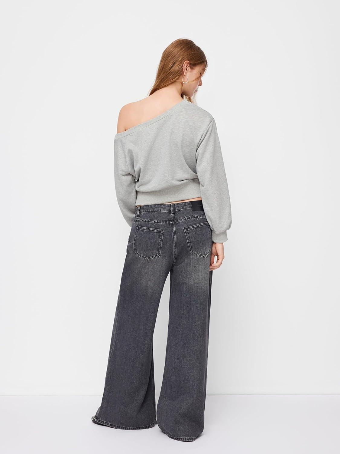 imageCIDER Off Shoulder Sweatshirt for Women Basic Casual Long Sleeve Pullover Fall FashionGrey