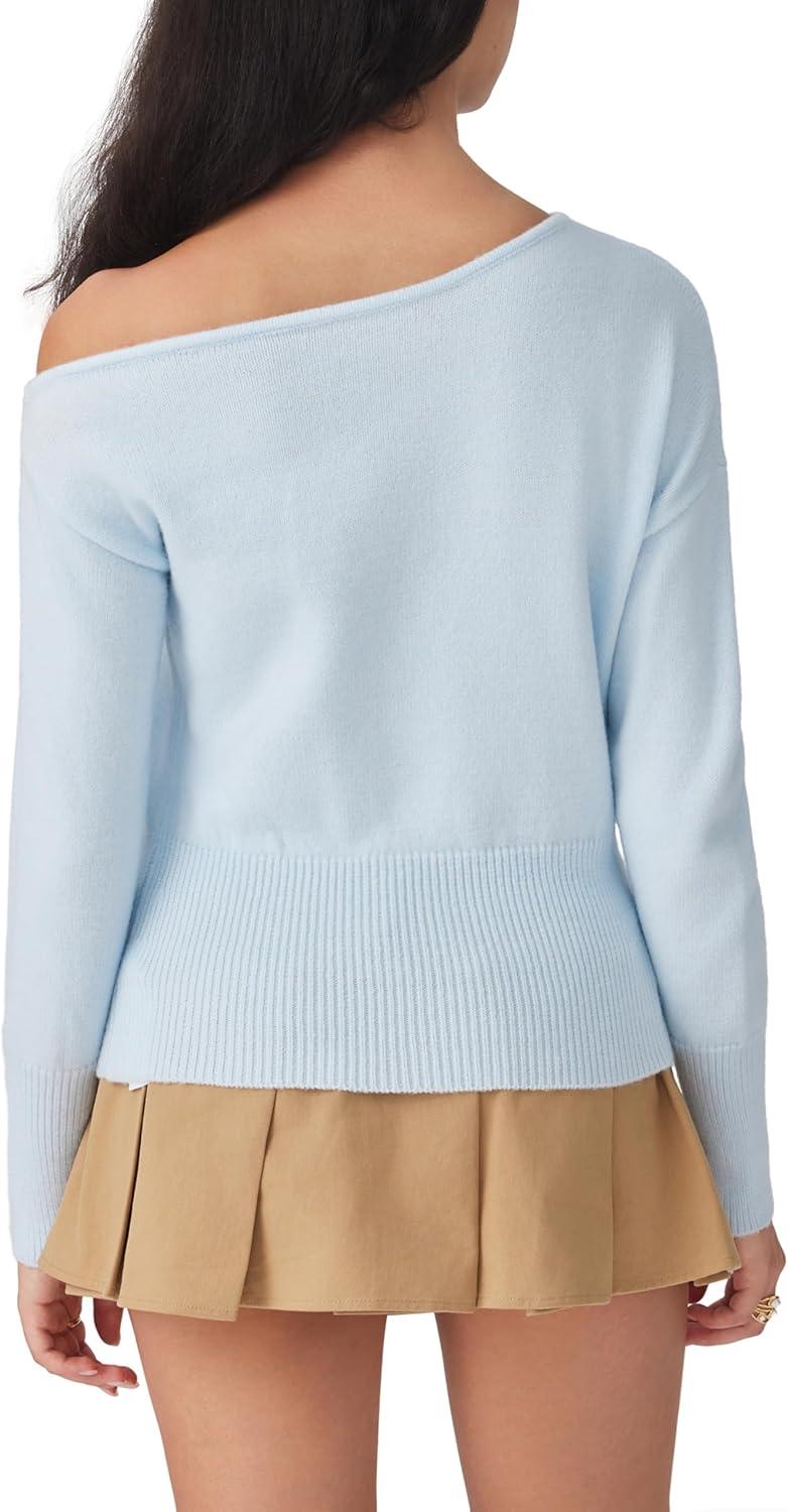 imageCIDER Off The Shoulder Sweaters for Women Cute Long Sleeve One Shoulder Fall Outfits Knit Pullover Sweater Tops TrendySky Blue