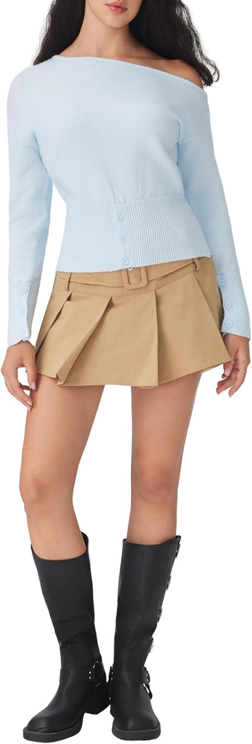 imageCIDER Off The Shoulder Sweaters for Women Cute Long Sleeve One Shoulder Fall Outfits Knit Pullover Sweater Tops TrendySky Blue