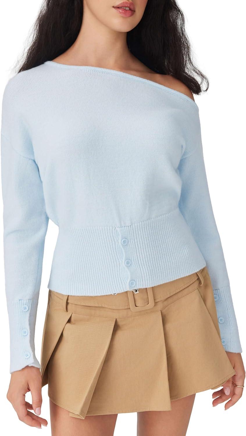 imageCIDER Off The Shoulder Sweaters for Women Cute Long Sleeve One Shoulder Fall Outfits Knit Pullover Sweater Tops TrendySky Blue