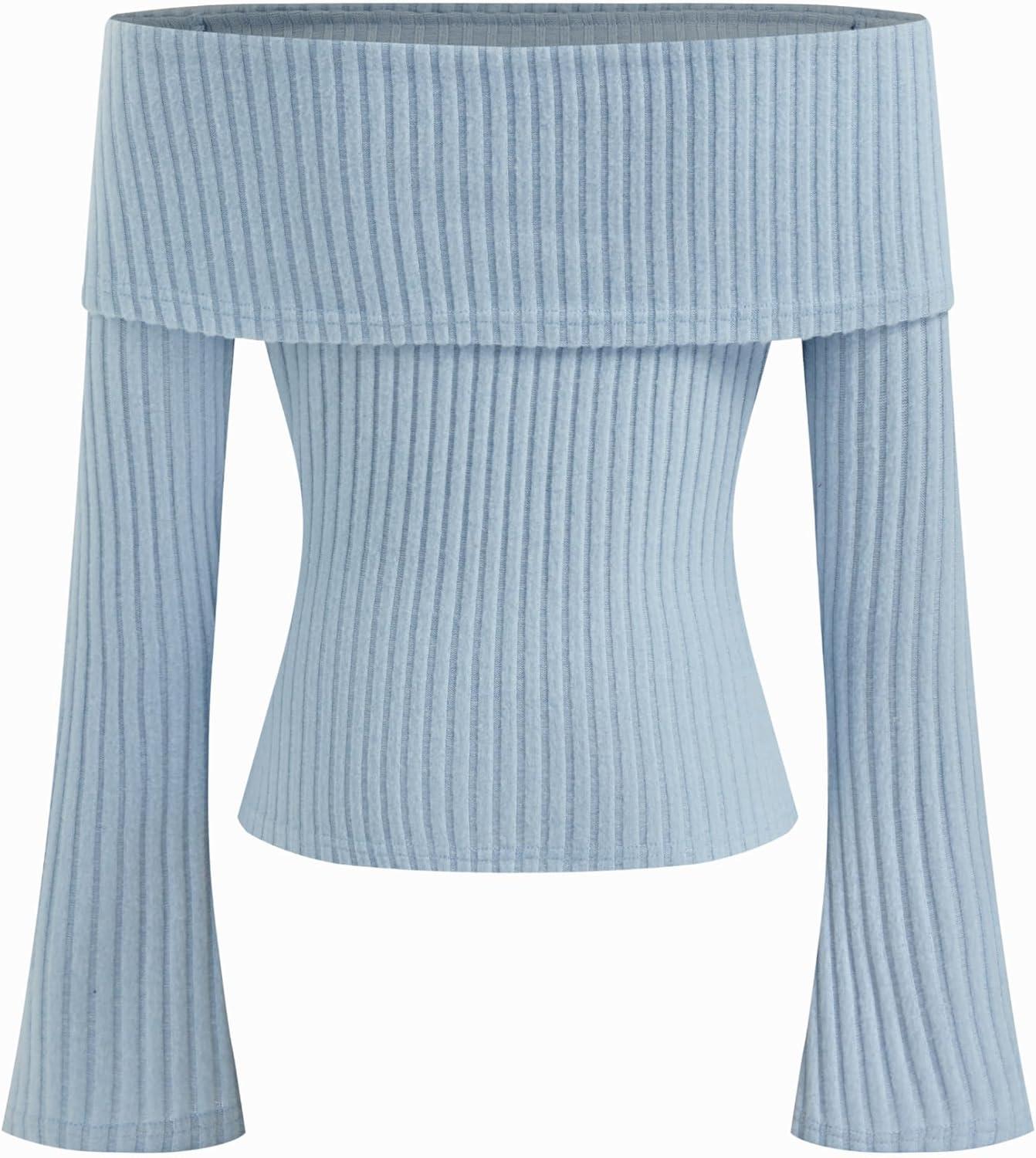 imageCIDER Off The Shoulder Tops for Women Long Sleeve Going Out Y2K Tops Knit Pullover Fall Outfits Trendy 2025Baby Blue