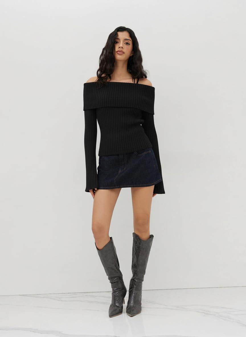 imageCIDER Off The Shoulder Tops for Women Long Sleeve Going Out Y2K Tops Knit Pullover Fall Outfits Trendy 2025Black