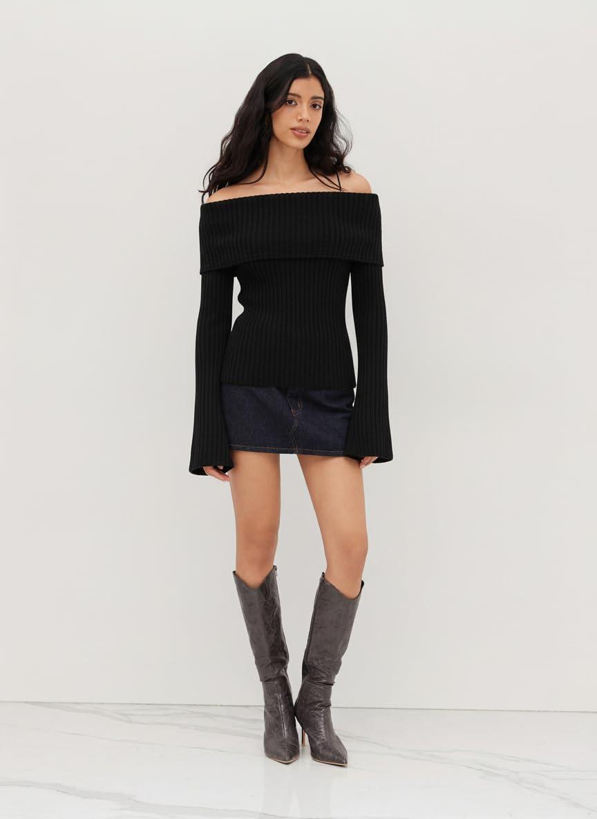 imageCIDER Off The Shoulder Tops for Women Long Sleeve Going Out Y2K Tops Knit Pullover Fall Outfits Trendy 2025Black