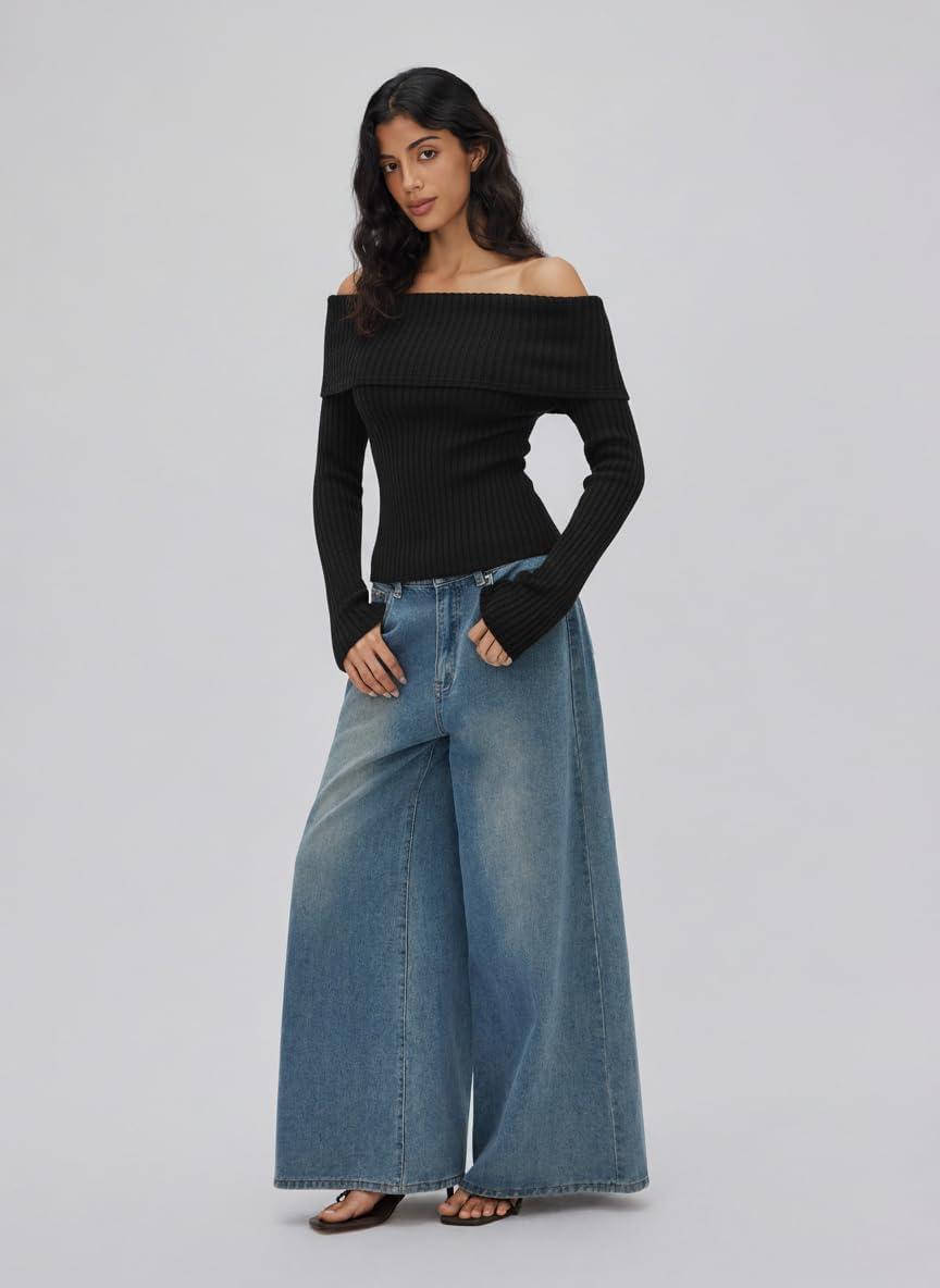 imageCIDER Off The Shoulder Tops for Women Long Sleeve Going Out Y2K Tops Knit Pullover Fall Outfits Trendy 2025Black