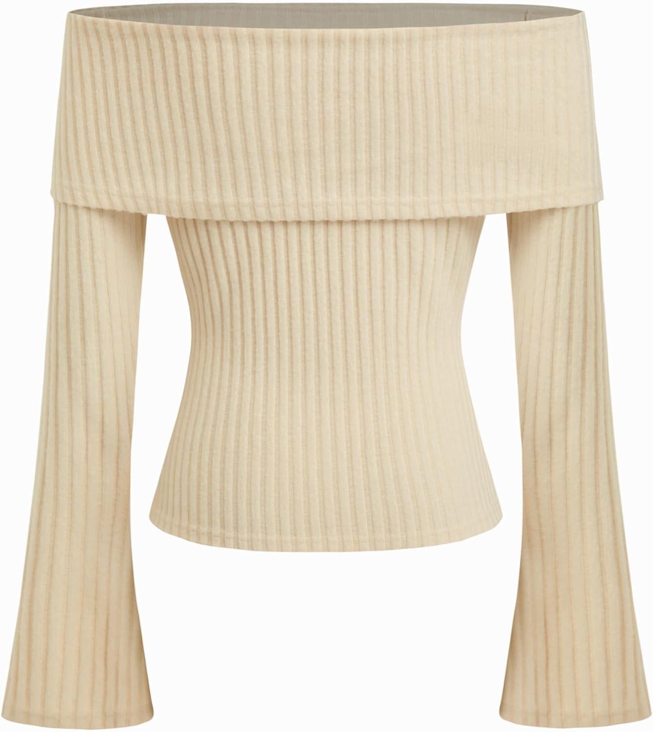 imageCIDER Off The Shoulder Tops for Women Long Sleeve Going Out Y2K Tops Knit Pullover Fall Outfits Trendy 2025Champagne
