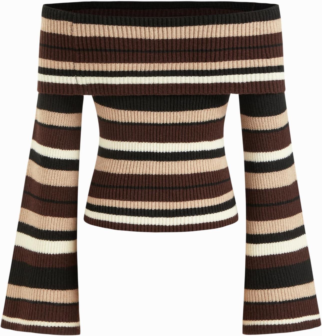 imageCIDER Off The Shoulder Tops for Women Long Sleeve Going Out Y2K Tops Knit Pullover Fall Outfits Trendy 2025Coffee