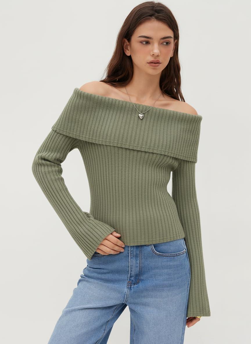 imageCIDER Off The Shoulder Tops for Women Long Sleeve Going Out Y2K Tops Knit Pullover Fall Outfits Trendy 2025Green