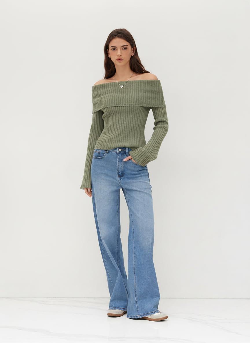imageCIDER Off The Shoulder Tops for Women Long Sleeve Going Out Y2K Tops Knit Pullover Fall Outfits Trendy 2025Green
