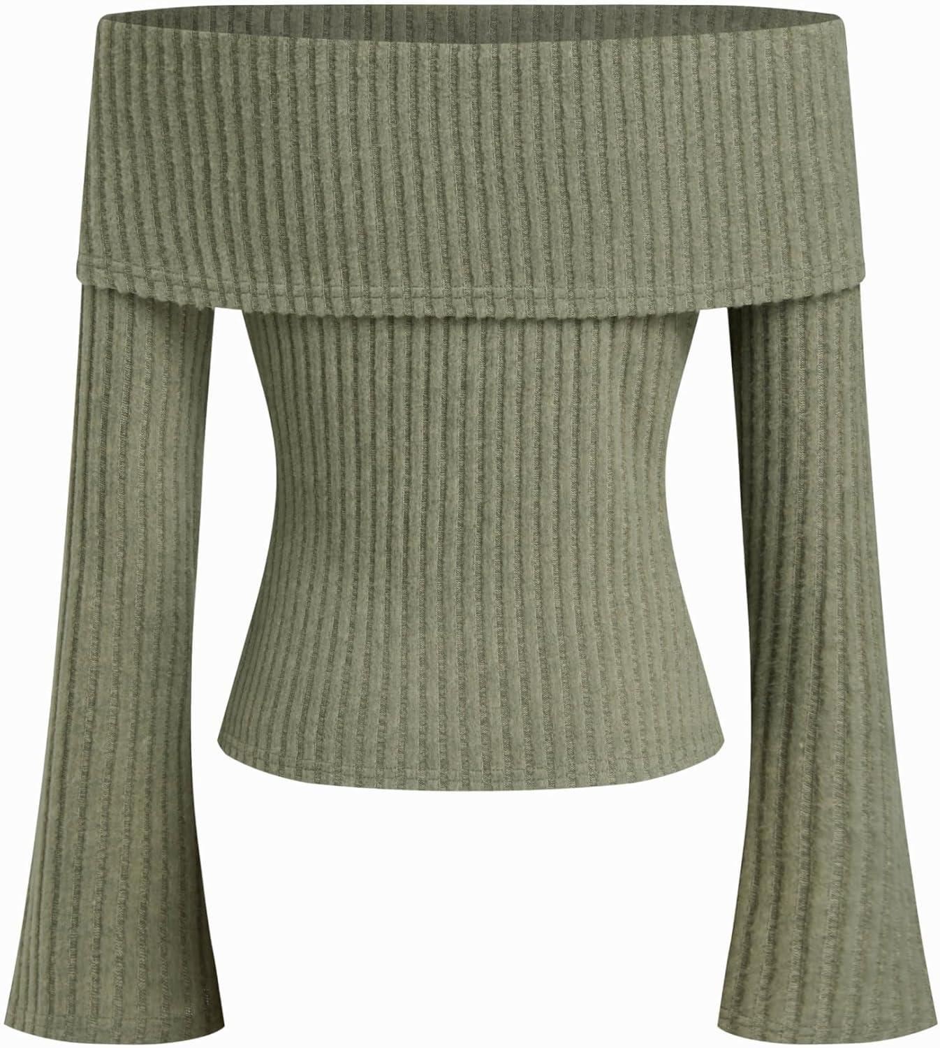 imageCIDER Off The Shoulder Tops for Women Long Sleeve Going Out Y2K Tops Knit Pullover Fall Outfits Trendy 2025Green