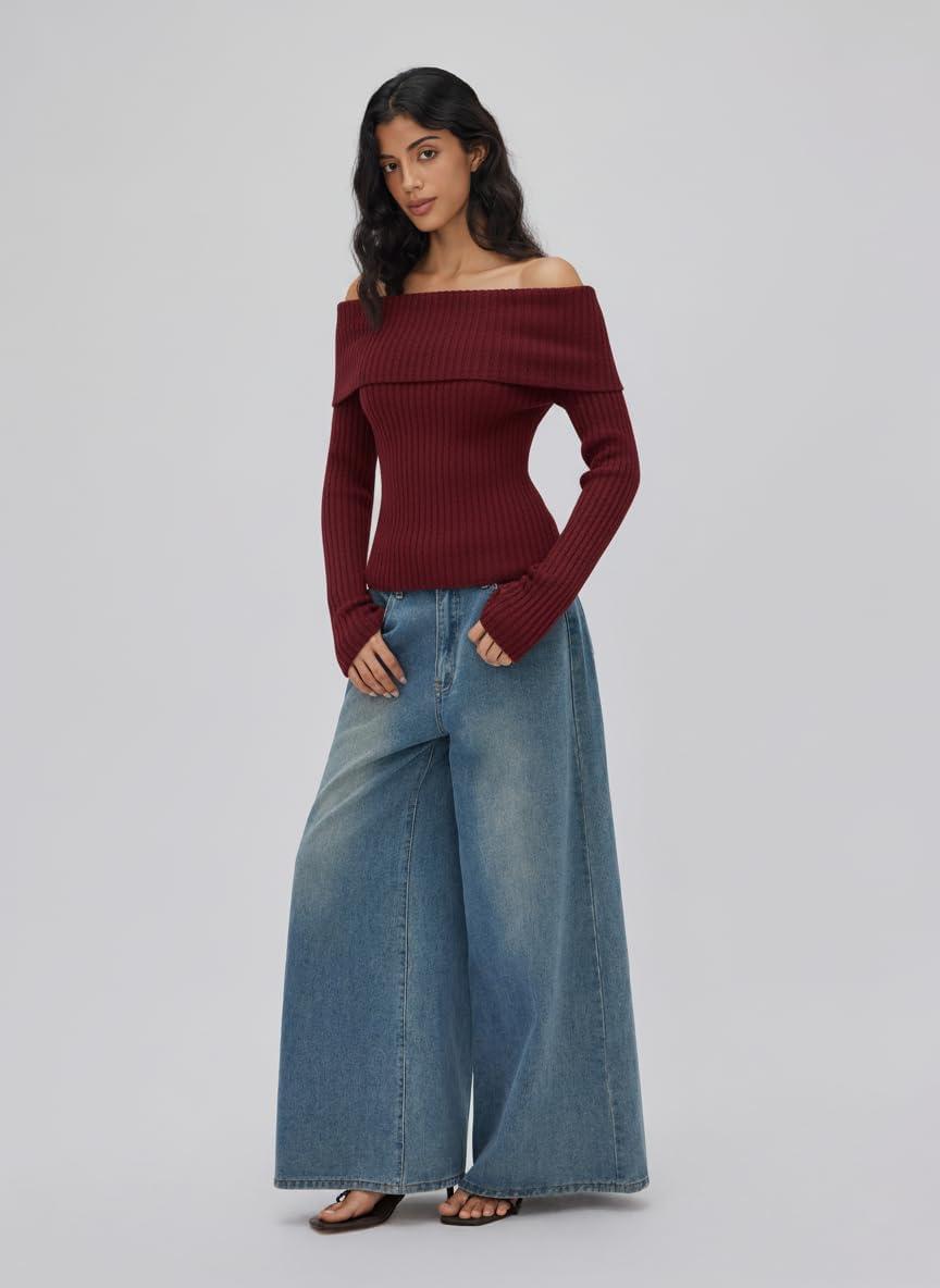 imageCIDER Off The Shoulder Tops for Women Long Sleeve Going Out Y2K Tops Knit Pullover Fall Outfits Trendy 2025Red