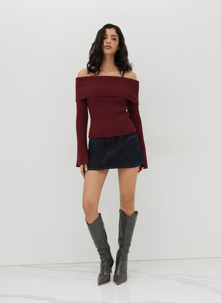imageCIDER Off The Shoulder Tops for Women Long Sleeve Going Out Y2K Tops Knit Pullover Fall Outfits Trendy 2025Red