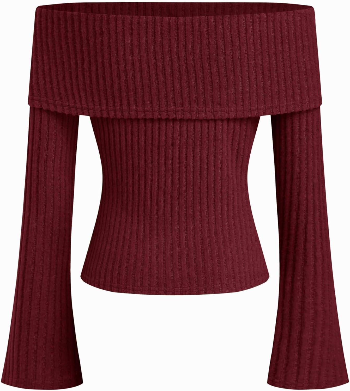 imageCIDER Off The Shoulder Tops for Women Long Sleeve Going Out Y2K Tops Knit Pullover Fall Outfits Trendy 2025Red
