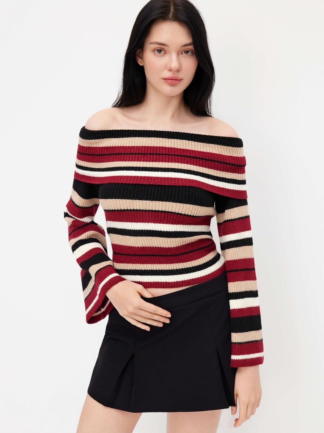 imageCIDER Off The Shoulder Tops for Women Long Sleeve Going Out Y2K Tops Knit Pullover Fall Outfits Trendy 2025Wine