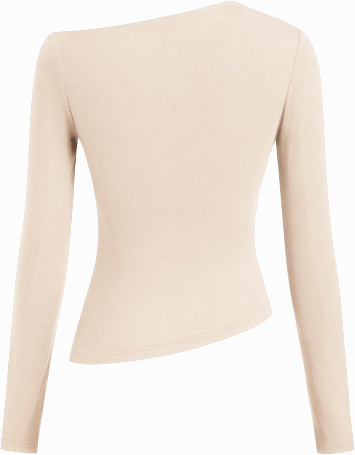 imageCIDER Off The Shoulder Tops for Women Long Sleeve Shirts Asymmetrical Neck Ruched Going Out Tops Y2K Slim Fit Fall TopBeige