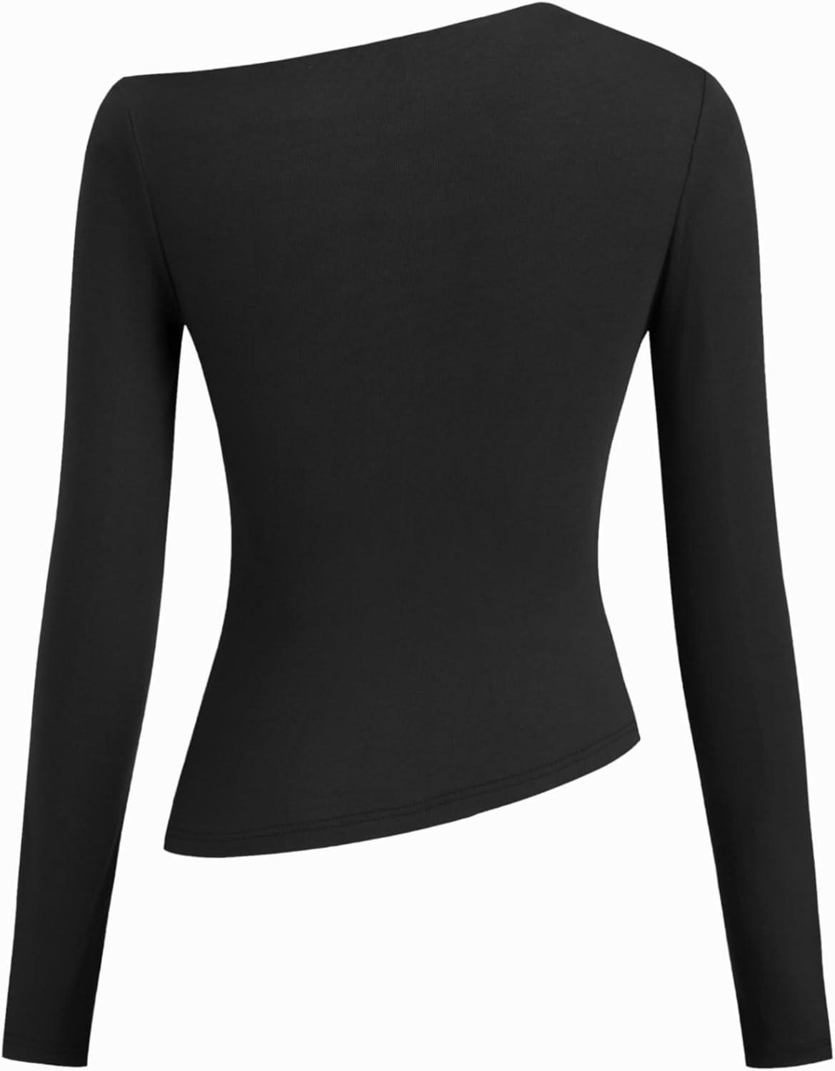 imageCIDER Off The Shoulder Tops for Women Long Sleeve Shirts Asymmetrical Neck Ruched Going Out Tops Y2K Slim Fit Fall TopBlack