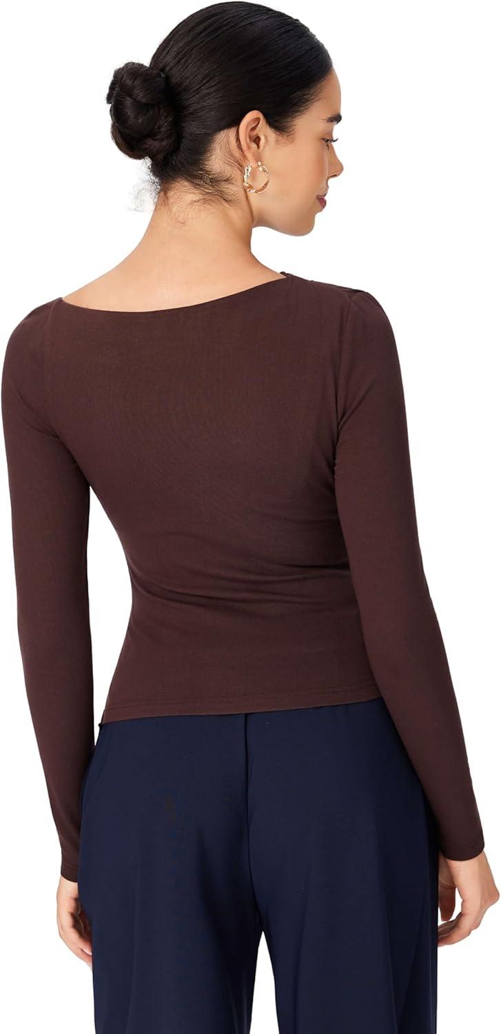 imageCIDER Off The Shoulder Tops for Women Long Sleeve Shirts Asymmetrical Neck Ruched Going Out Tops Y2K Slim Fit Fall TopBrown