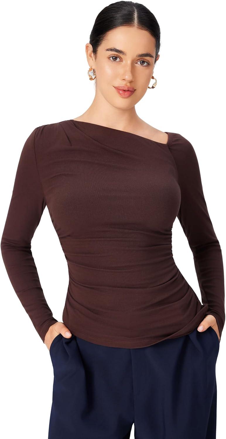 imageCIDER Off The Shoulder Tops for Women Long Sleeve Shirts Asymmetrical Neck Ruched Going Out Tops Y2K Slim Fit Fall TopBrown